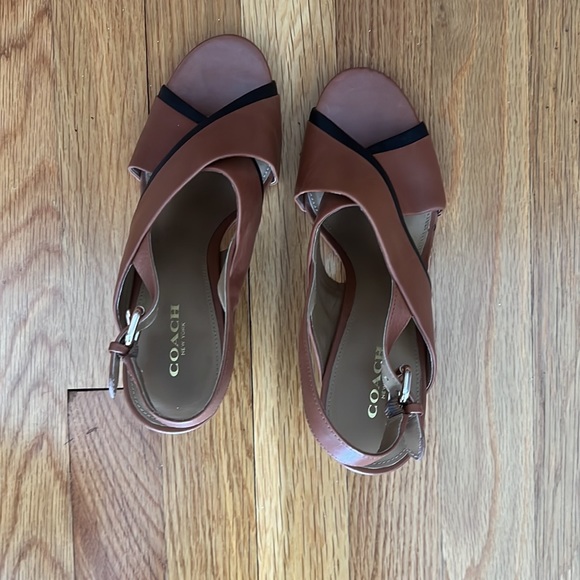 Coach Randy Wedge Sandals in Saddle Brown with Black Trim - Picture 2 of 10
